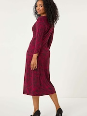 Roman Purple Petite Leaf Print Twist Midi Dress - Image 3 of 5