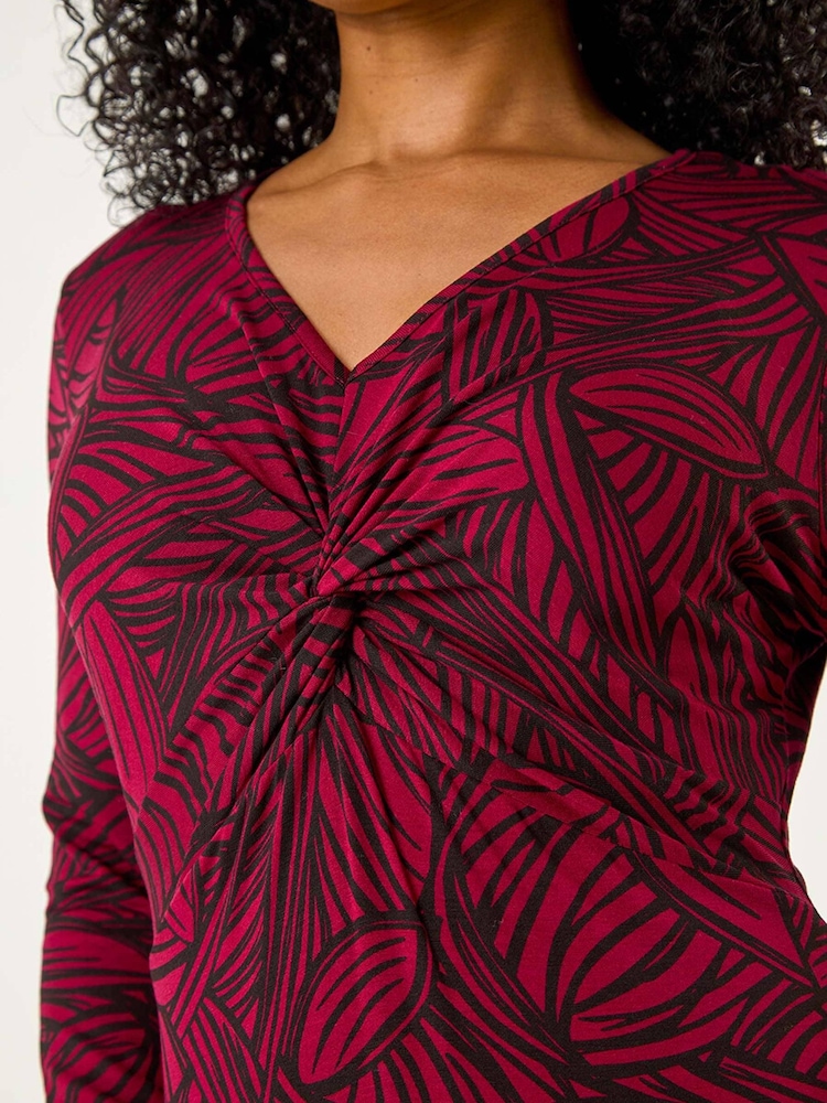 Roman Purple Petite Leaf Print Twist Midi Dress - Image 5 of 5