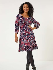 Roman Red Petite Gathered Floral Dress - Image 2 of 5