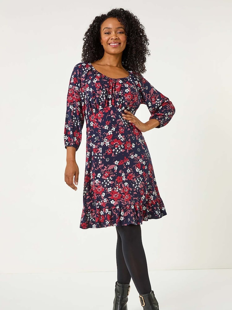 Roman Red Petite Gathered Floral Dress - Image 2 of 5