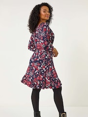 Roman Red Petite Gathered Floral Dress - Image 3 of 5
