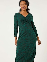 Roman Green Petite Leaf Print Twist Midi Dress - Image 1 of 5