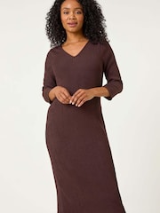 Roman Brown Petite Textured V-Neck Midi Dress - Image 1 of 5