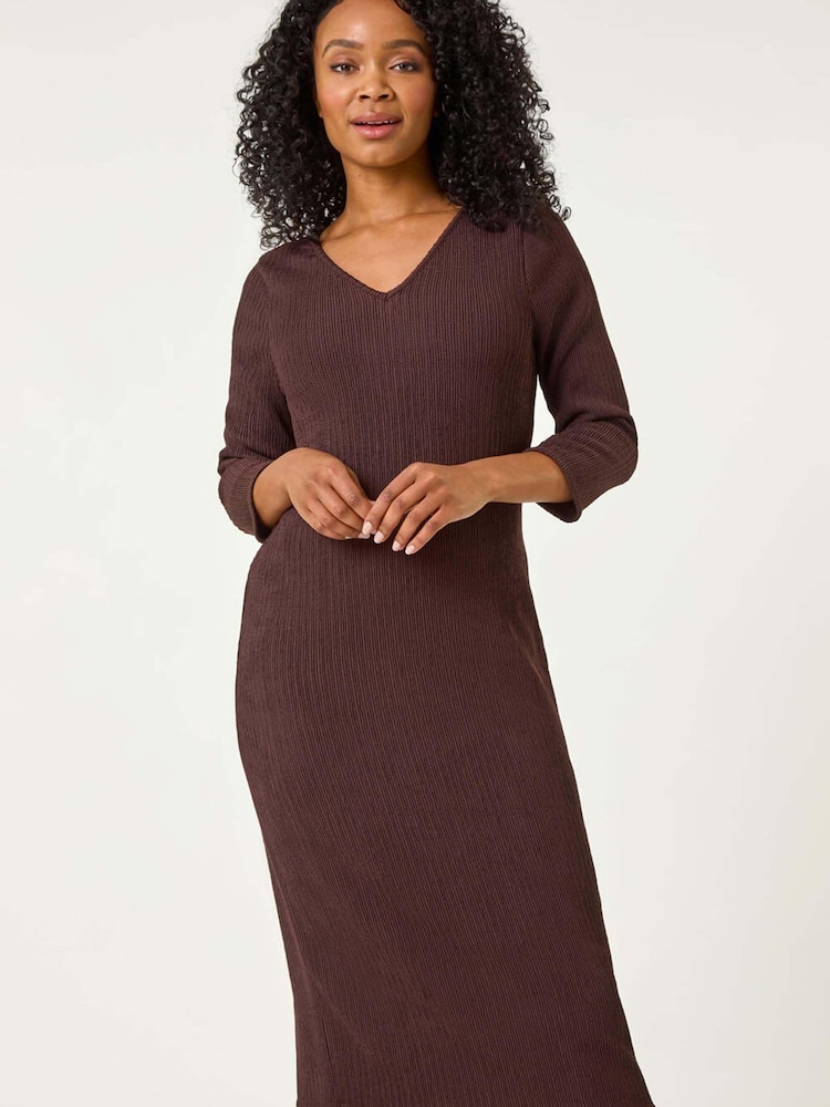 Roman Brown Petite Textured V-Neck Midi Dress - Image 1 of 5