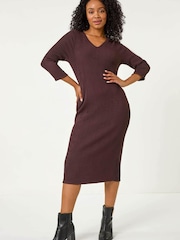 Roman Brown Petite Textured V-Neck Midi Dress - Image 2 of 5