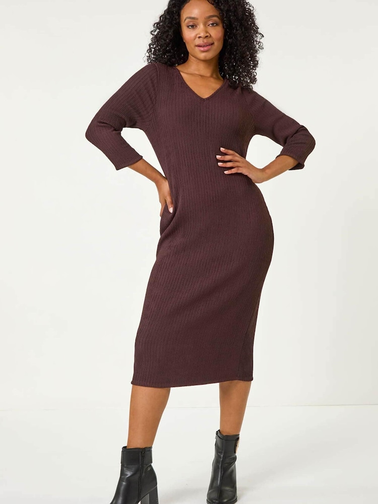 Roman Brown Petite Textured V-Neck Midi Dress - Image 2 of 5