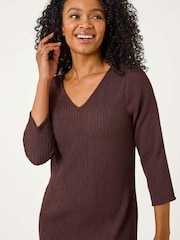 Roman Brown Petite Textured V-Neck Midi Dress - Image 4 of 5