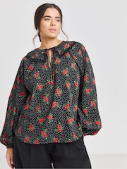 Simply Be Black Floral Collar Detail Blouse - Image 1 of 4