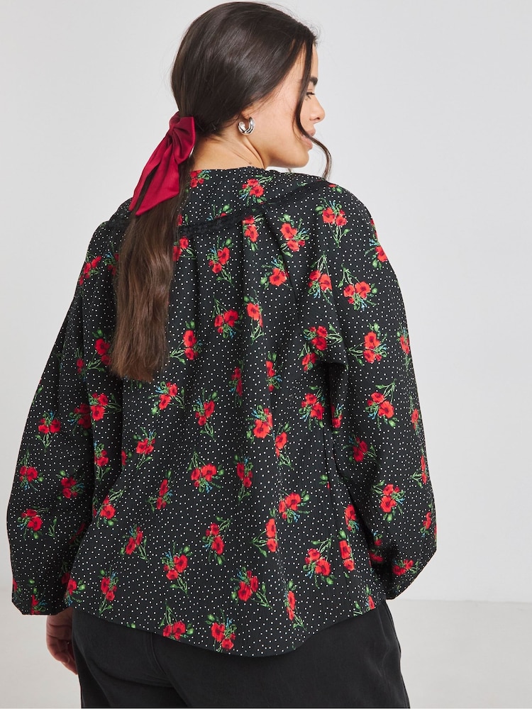 Simply Be Black Floral Collar Detail Blouse - Image 2 of 4