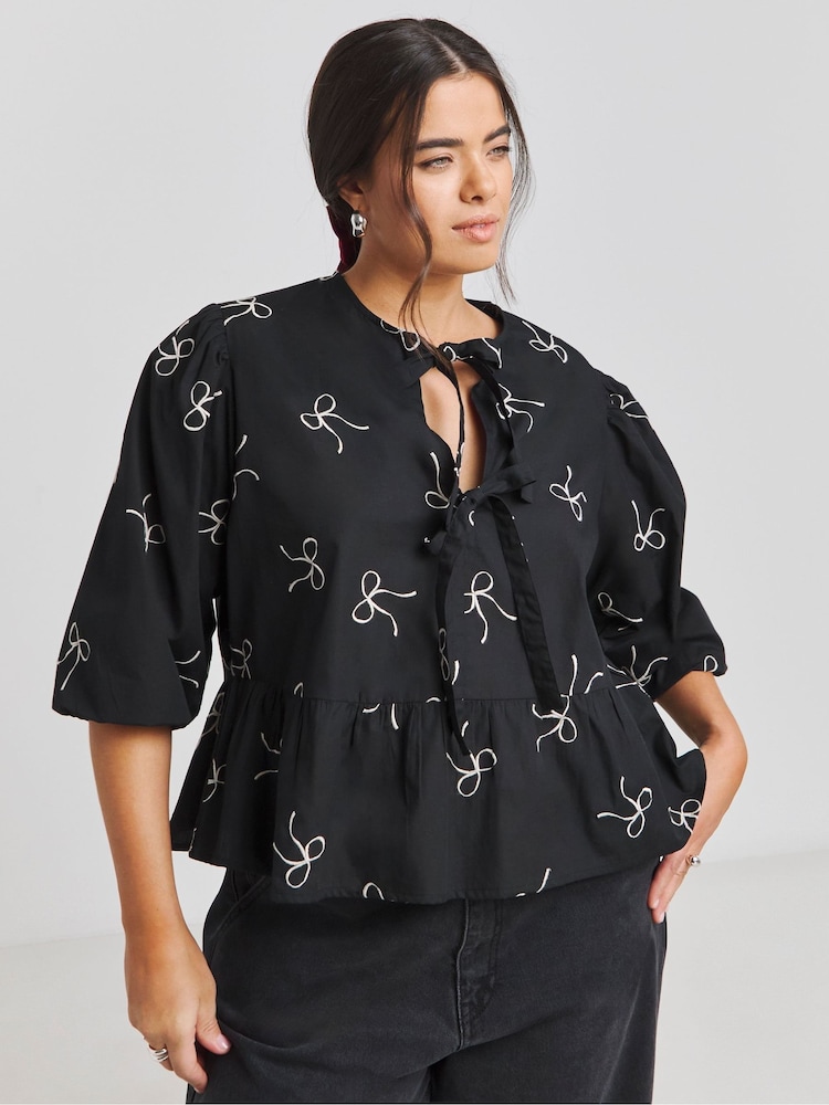 Simply Be Black Embroidered Bow 100% Cotton Top - Image 1 of 4