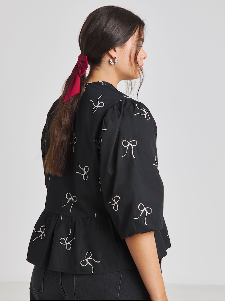 Simply Be Black Embroidered Bow 100% Cotton Top - Image 2 of 4