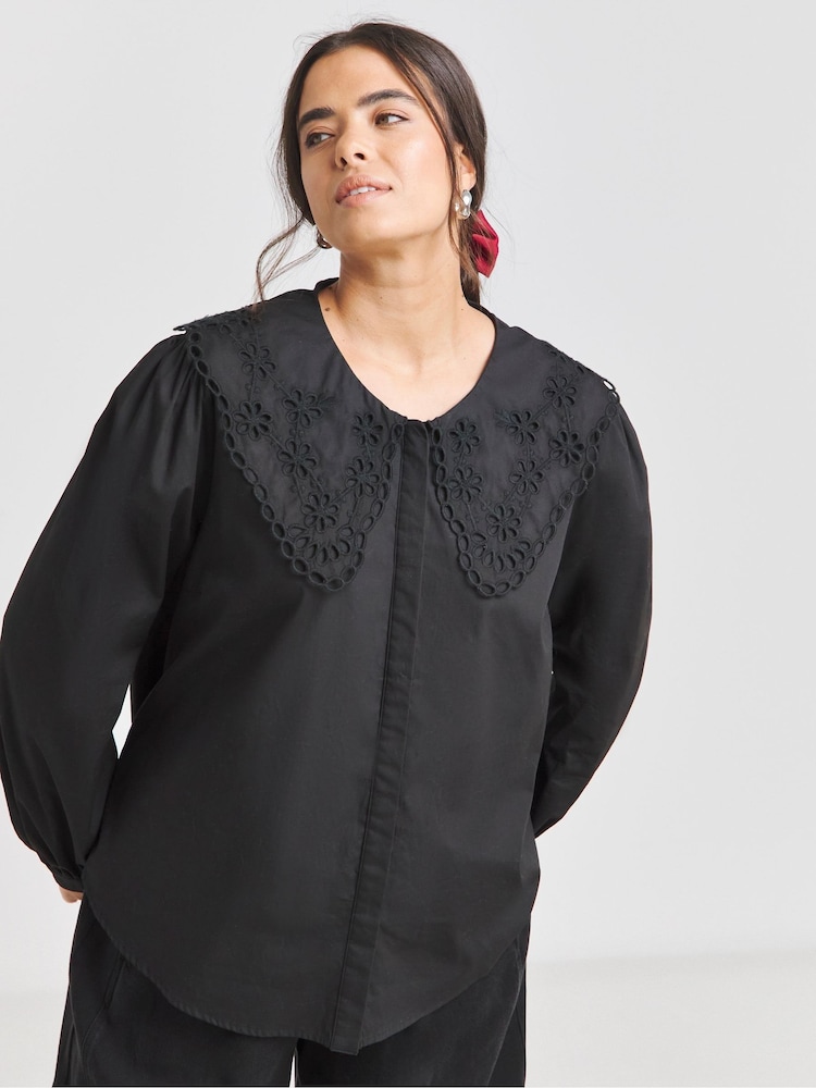Simply Be Black Broderie Collared 100% Cotton Blouse - Image 1 of 6