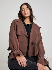 Simply Be Brown Draped Cropped Trench Coat - Image 1 of 4