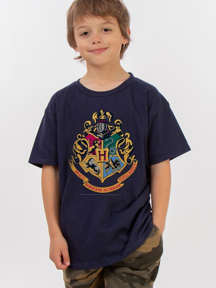 Brands In Blue Boys Harry Potter Hogwarts Crest 100% Cotton T-Shirt - Image 1 of 4
