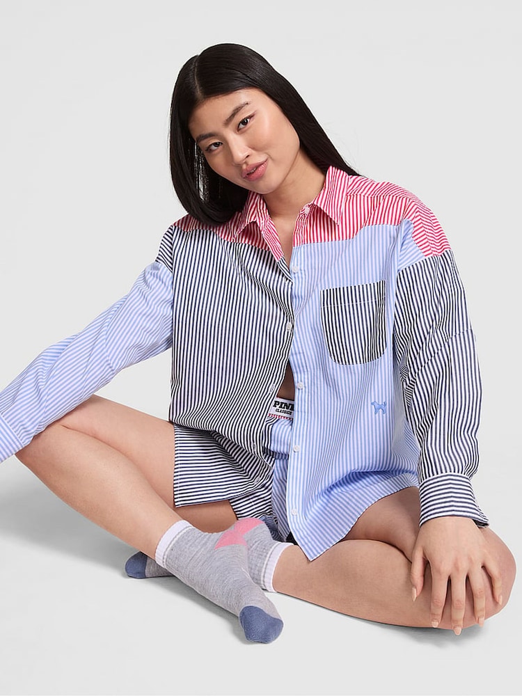 Victoria's Secret PINK Red and Blue Stripe Oversized Pyjama Shirt - Image 1 of 3