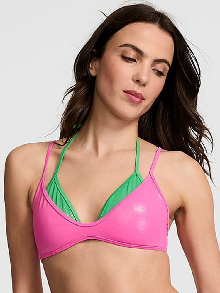 Victoria's Secret PINK Carmine Pink and Green Cheeky Double Layer Bikini Top - Image 1 of 3 Victoria's Secret PINK Carmine Pink and Green Cheeky Double Layer Bikini Top - Image 1 of 3