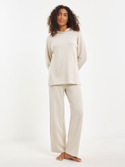Simply Be Cream Pretty Secrets Ribbed Hooded Lounge Set - Image 1 of 4