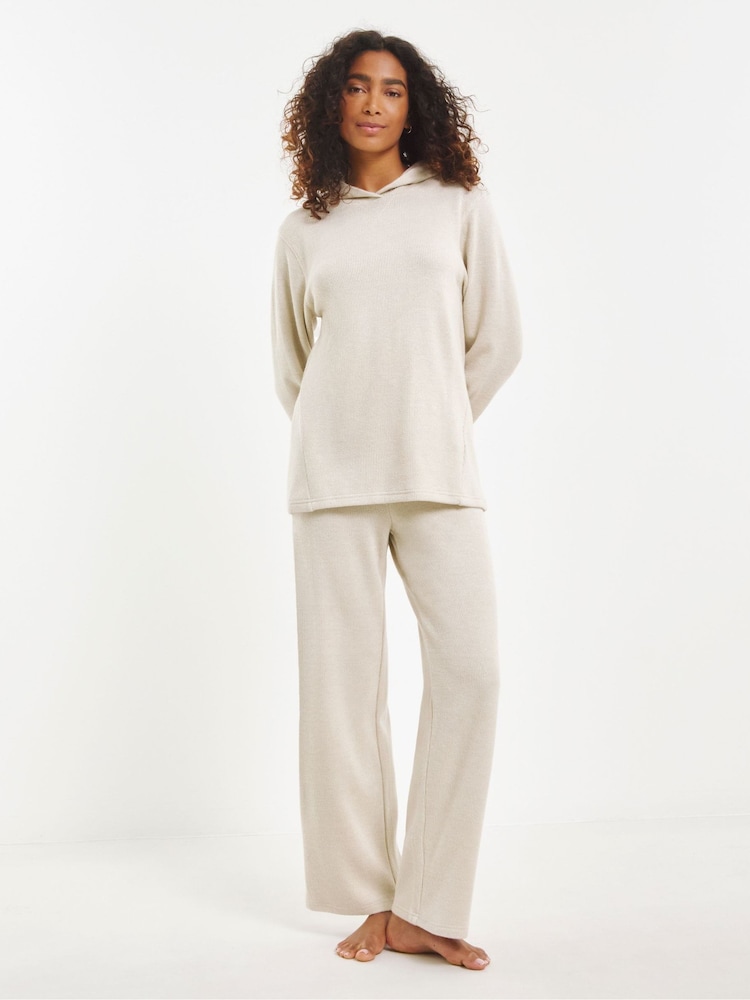 Simply Be Cream Pretty Secrets Ribbed Hooded Lounge Set - Image 1 of 4