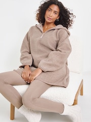 Simply Be Brown Oversized Pretty Secrets Borg Longline Hooded Dress With Matching Leggings - Image 1 of 4