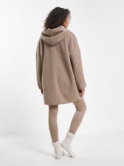 Simply Be Brown Oversized Pretty Secrets Borg Longline Hooded Dress With Matching Leggings - Image 2 of 4