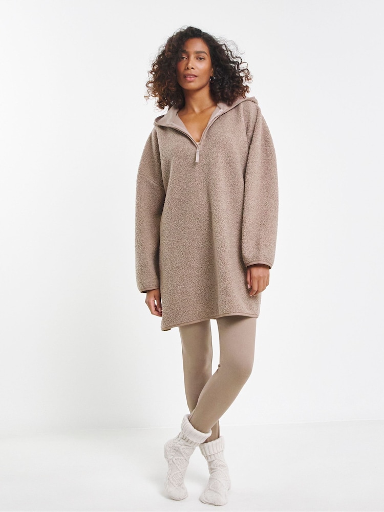 Simply Be Brown Oversized Pretty Secrets Borg Longline Hooded Dress With Matching Leggings - Image 4 of 4