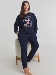 Simply Be Blue Bow Print Supersoft Sweatshirt Lounge Set - Image 1 of 4