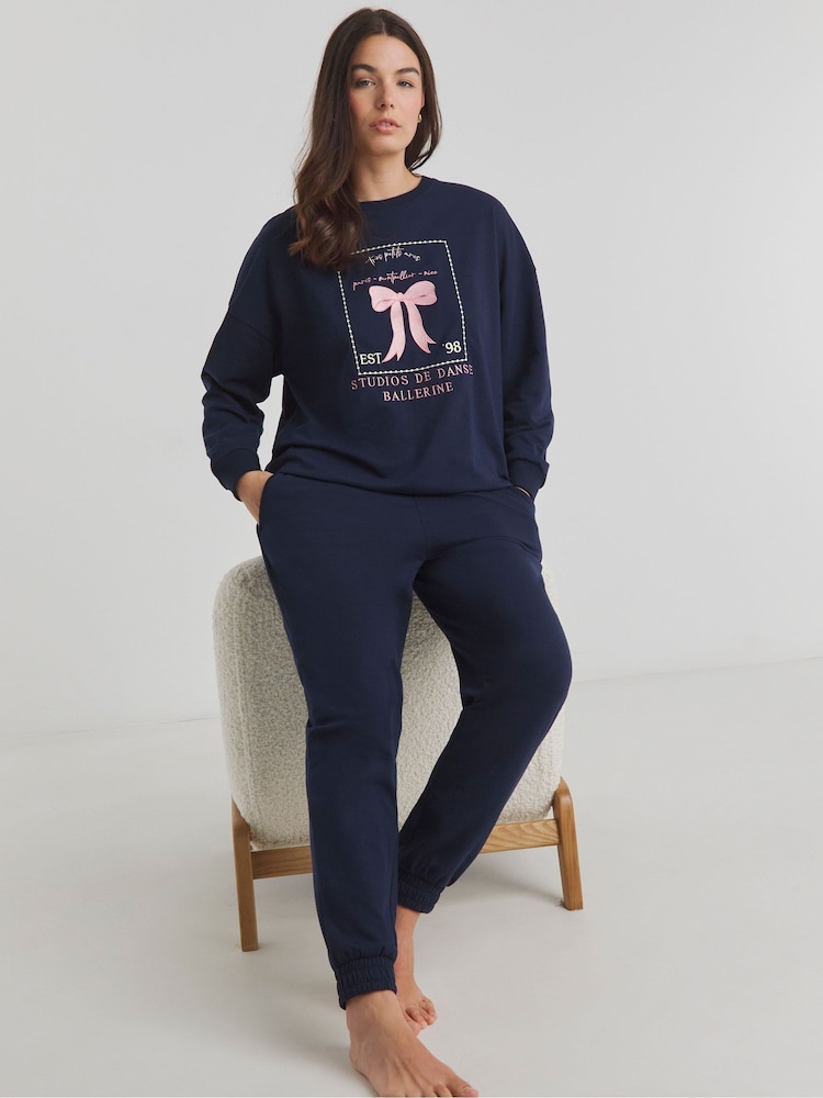 Simply Be Blue Bow Print Supersoft Sweatshirt Lounge Set - Image 1 of 4