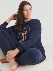 Simply Be Blue Bow Print Supersoft Sweatshirt Lounge Set - Image 4 of 4