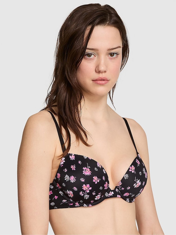 PINK Black Floral Print Super Push Up Super Push Up Bra - Image 1 of 4 PINK Black Floral Print Super Push Up Super Push Up Bra - Image 1 of 4