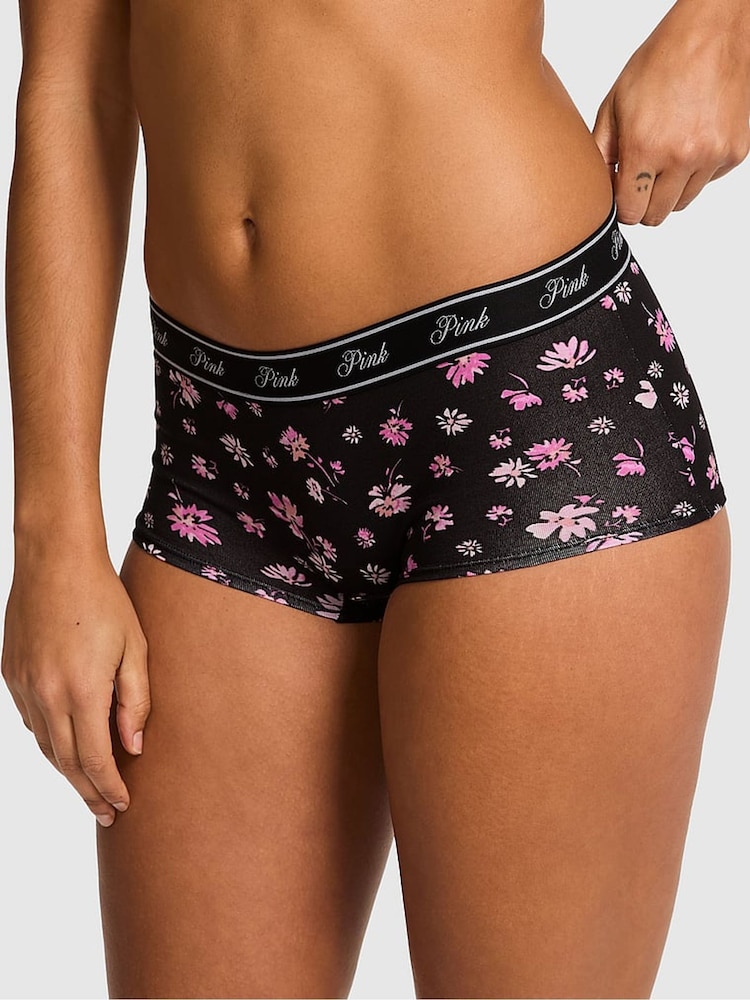 Victoria's Secret PINK Black Ditsy Floral Print Short Cotton Logo Knickers - Image 1 of 2