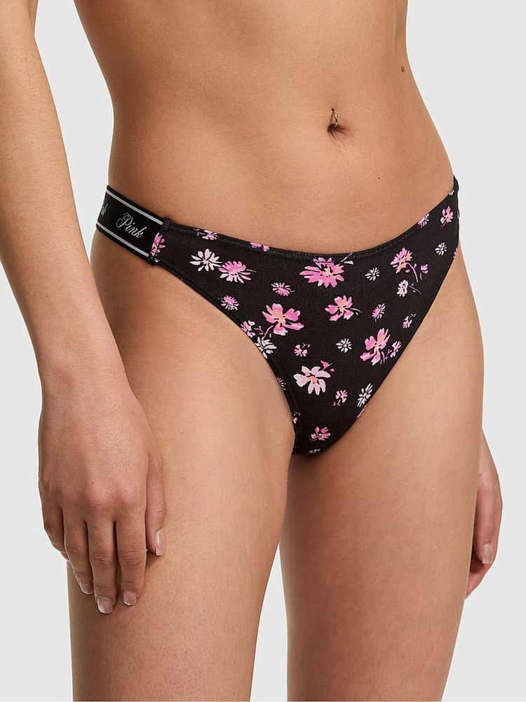 Victoria's Secret PINK Black Ditsy Floral Print Thong Cotton Logo Knickers - Image 1 of 2