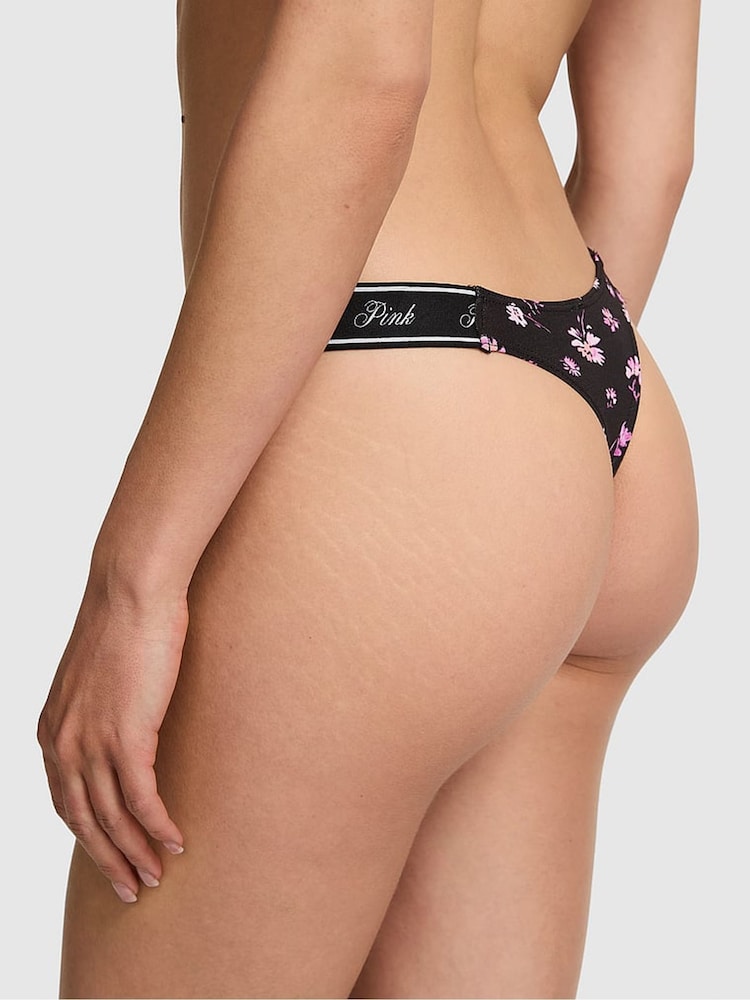 Victoria's Secret PINK Black Ditsy Floral Print Thong Cotton Logo Knickers - Image 2 of 2