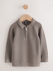 Mink Brown Long Sleeve Quarter Zip Knitted Polo Shirt (3mths-7yrs) - Image 1 of 4