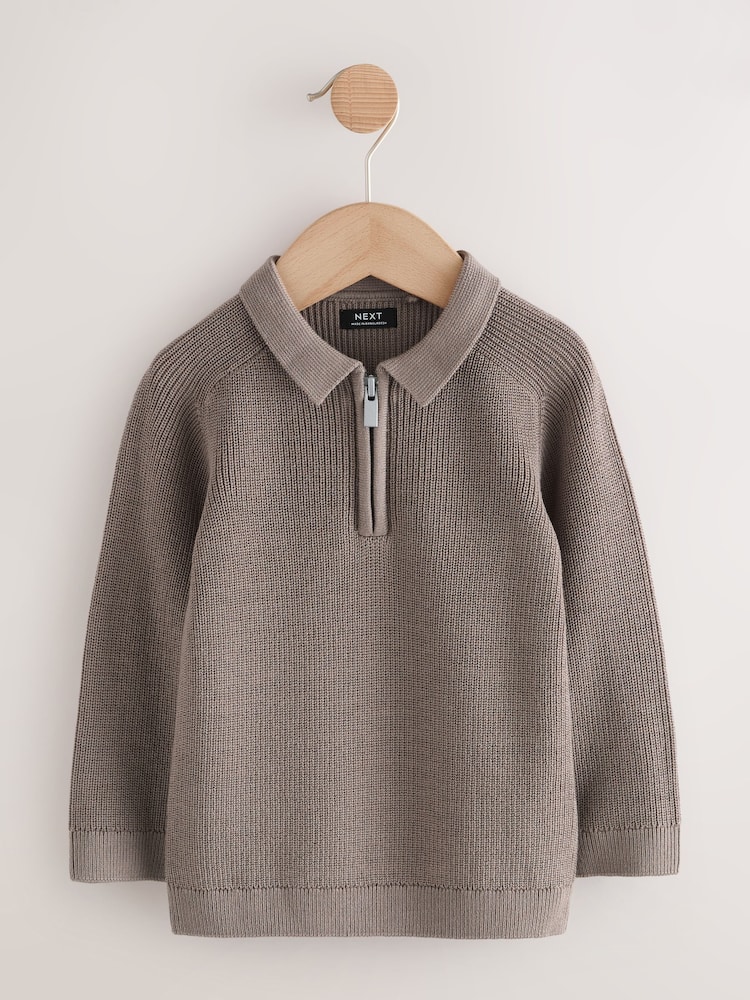 Mink Brown Long Sleeve Quarter Zip Knitted Polo Shirt (3mths-7yrs) - Image 1 of 4