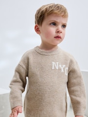 Neutral Knitted NYC Varsity Jumper and Joggers Set (3mths-7yrs) - Image 4 of 9