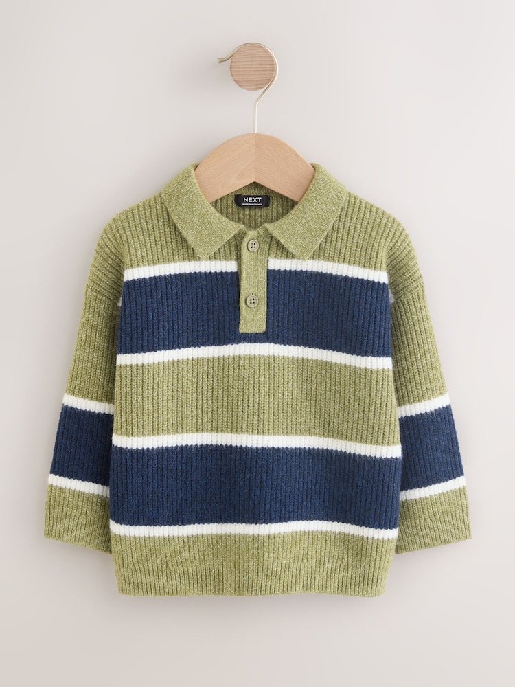 Green/Blue Knitted Stripe Rugby Polo Shirt (3mths-7yrs) - Image 1 of 4