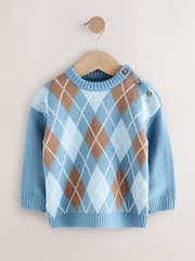 Blue Argyle Knitted Crew Neck Cotton Jumper (3mths-7yrs) - Image 1 of 4