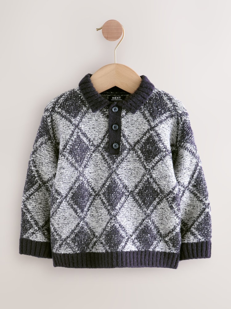 Navy Blue Argyle Knitted Polo Jumper (3mths-7yrs) - Image 1 of 4
