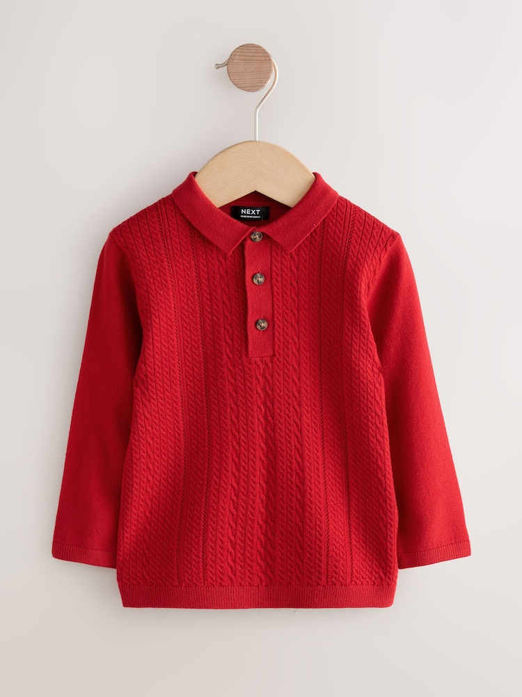 Red Cable Knit Polo Shirt (3mths-7yrs) - Image 1 of 4