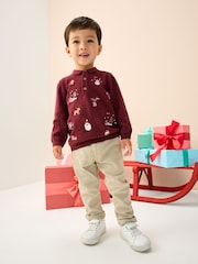 Plum Purple All Over Embroidered Knitted Christmas Polo Shirt (3mths-7yrs) - Image 1 of 7