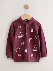 Plum Purple All Over Embroidered Knitted Christmas Polo Shirt (3mths-7yrs) - Image 4 of 7