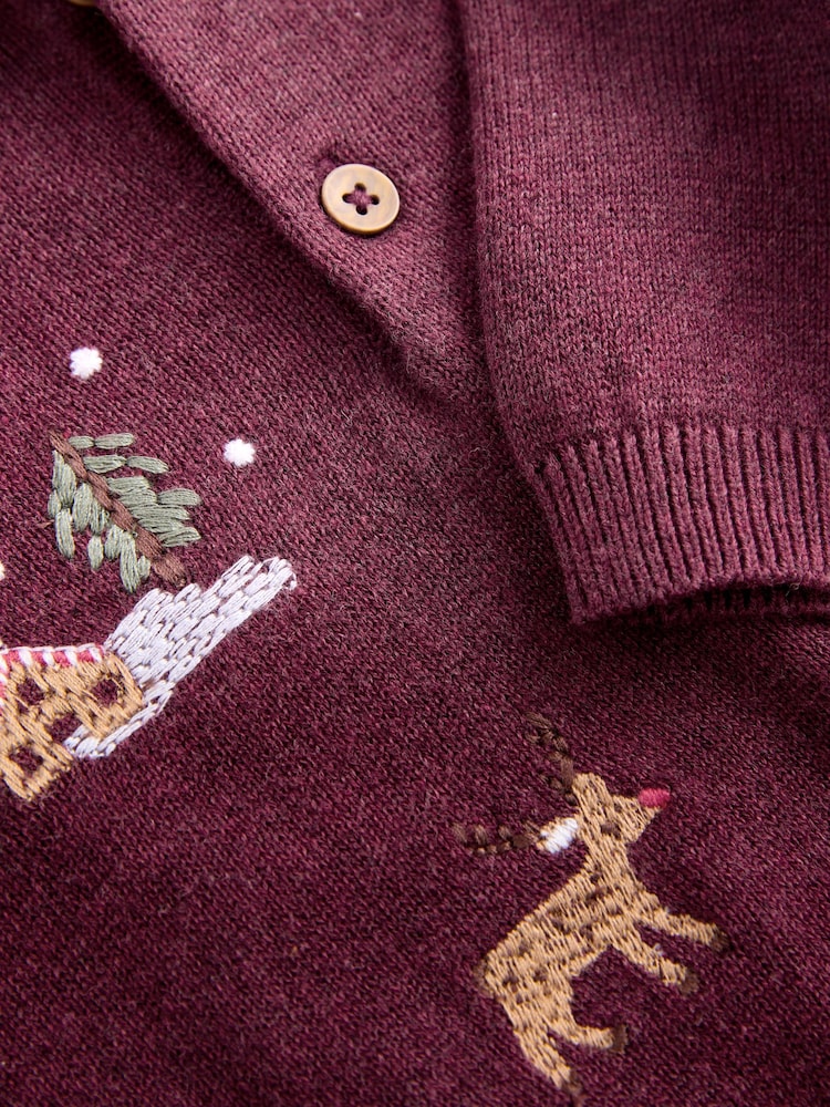 Plum Purple All Over Embroidered Knitted Christmas Polo Shirt (3mths-7yrs) - Image 7 of 7