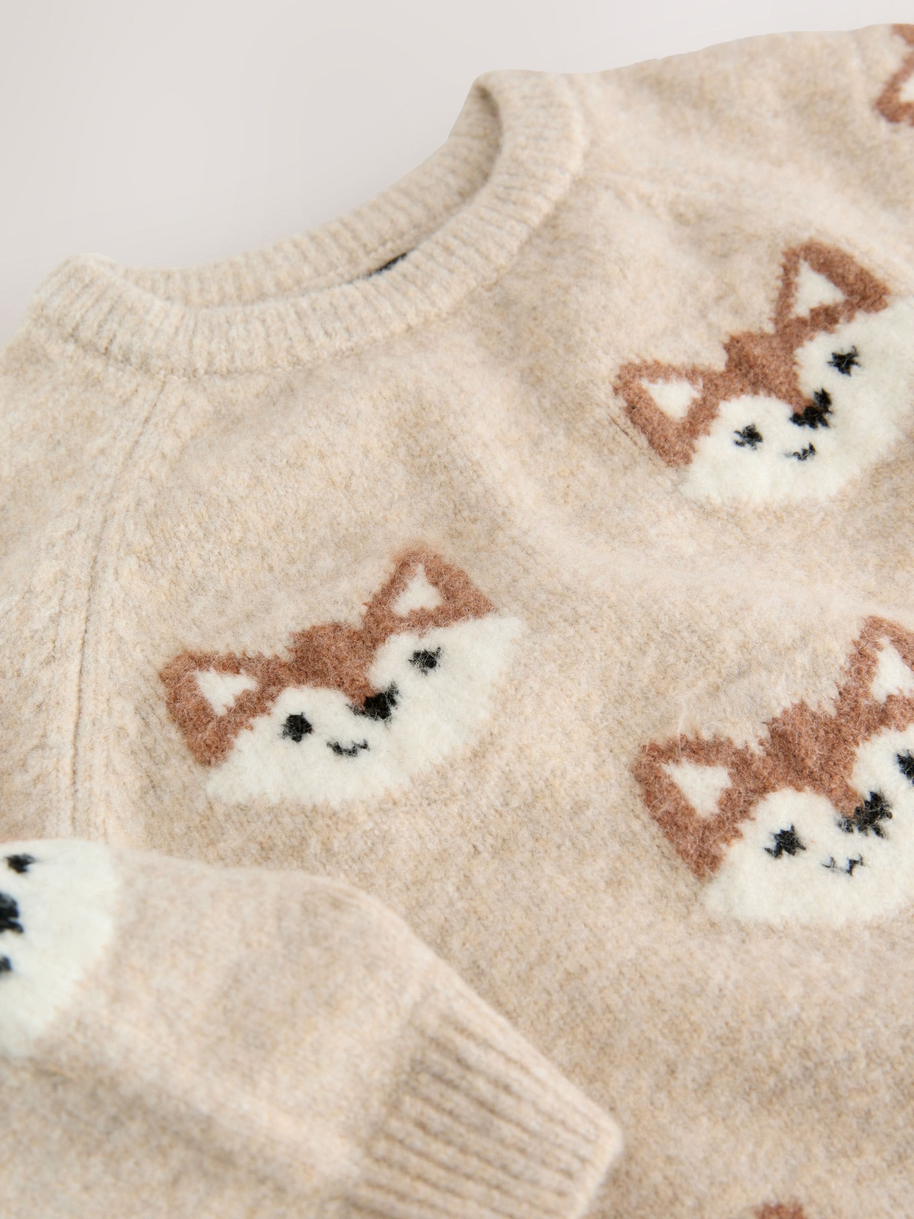 Buy Neutral Fox Print Knitted Crew Neck Jumper (3mths-7yrs) from