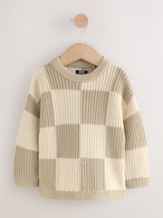 Neutral Checkerboard Knitted Crew Neck Jumper (3mths-7yrs) - Image 1 of 4