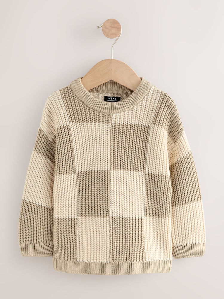 Neutral Checkerboard Knitted Crew Neck Jumper (3mths-7yrs) - Image 1 of 4
