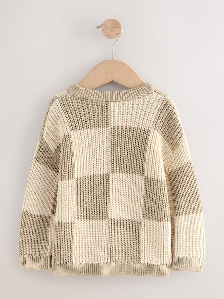 Neutral Checkerboard Knitted Crew Neck Jumper (3mths-7yrs) - Image 2 of 4