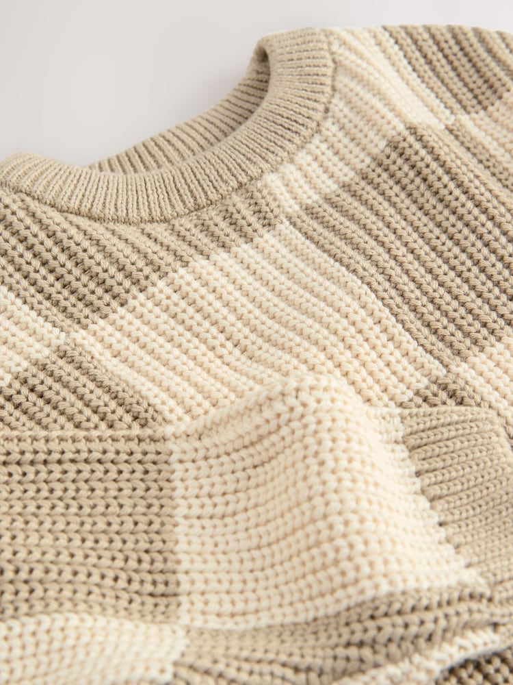 Neutral Checkerboard Knitted Crew Neck Jumper (3mths-7yrs) - Image 4 of 4
