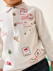 Cream All Over Embroidered Knitted Christmas Polo Shirt (3mths-7yrs) - Image 1 of 7