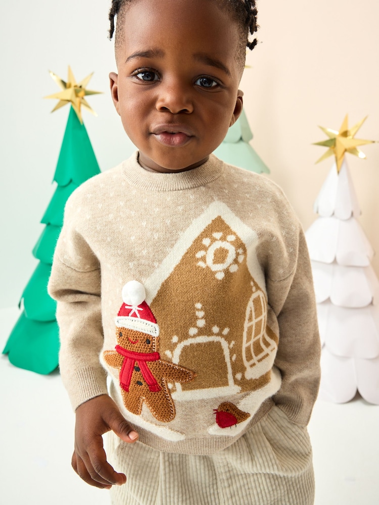 Neutral Gingerbread House Knitted Christmas Jumper (3mths-7yrs) - Image 1 of 7