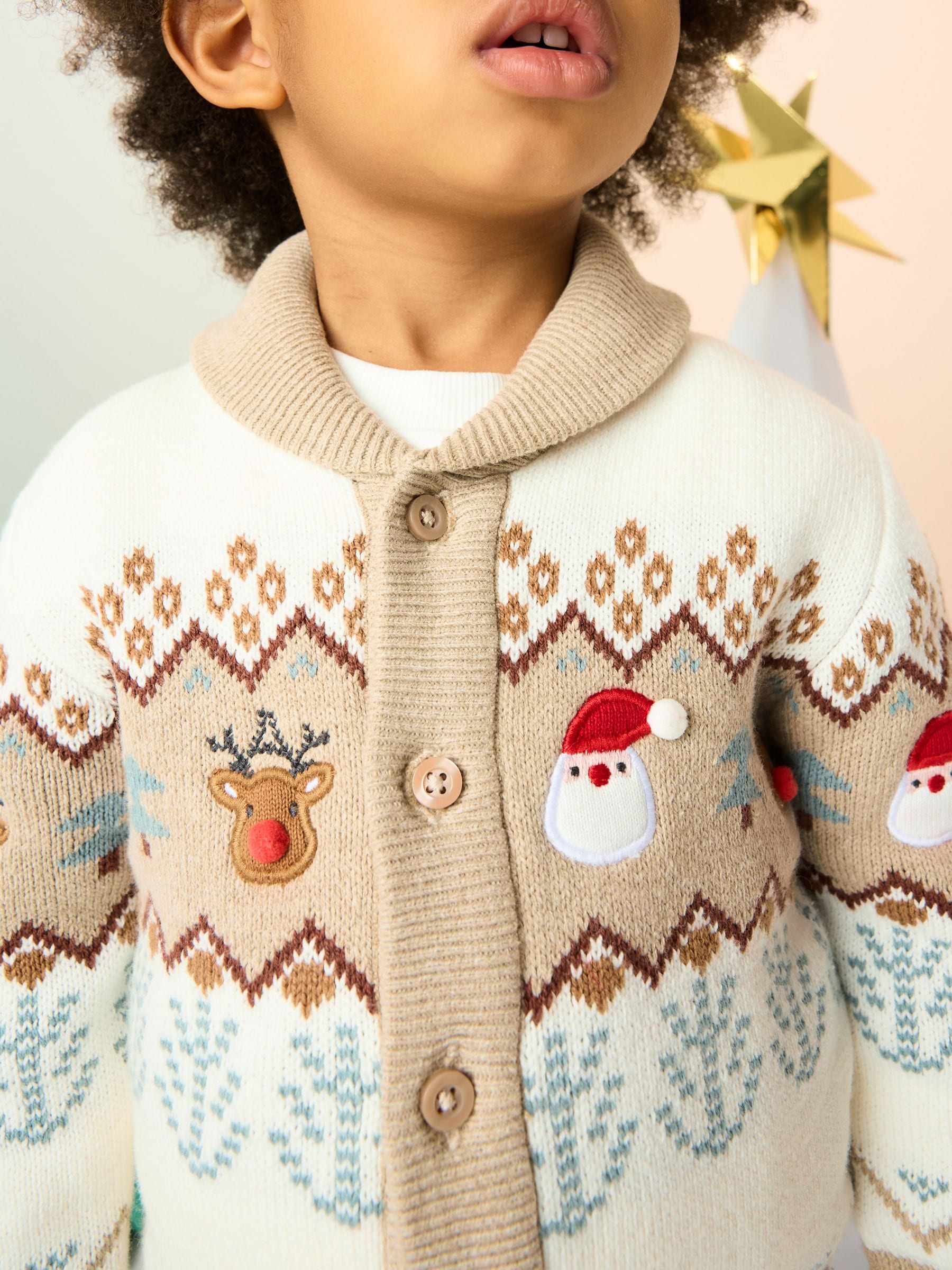 クリスマス   Clara & Peter Buy Neutral Fairisle Pattern Christmas Cardigan (3mths-7yrs) from